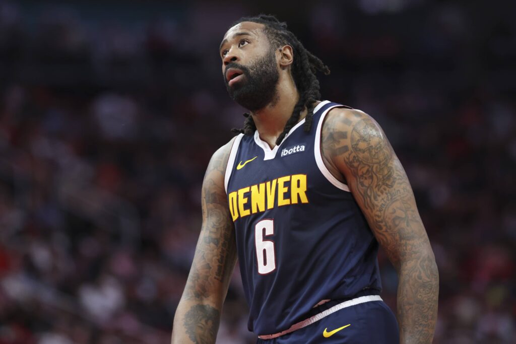 Denver Nuggets center DeAndre Jordan (6) looks up during the game against the Houston Rockets at Toyota Center.