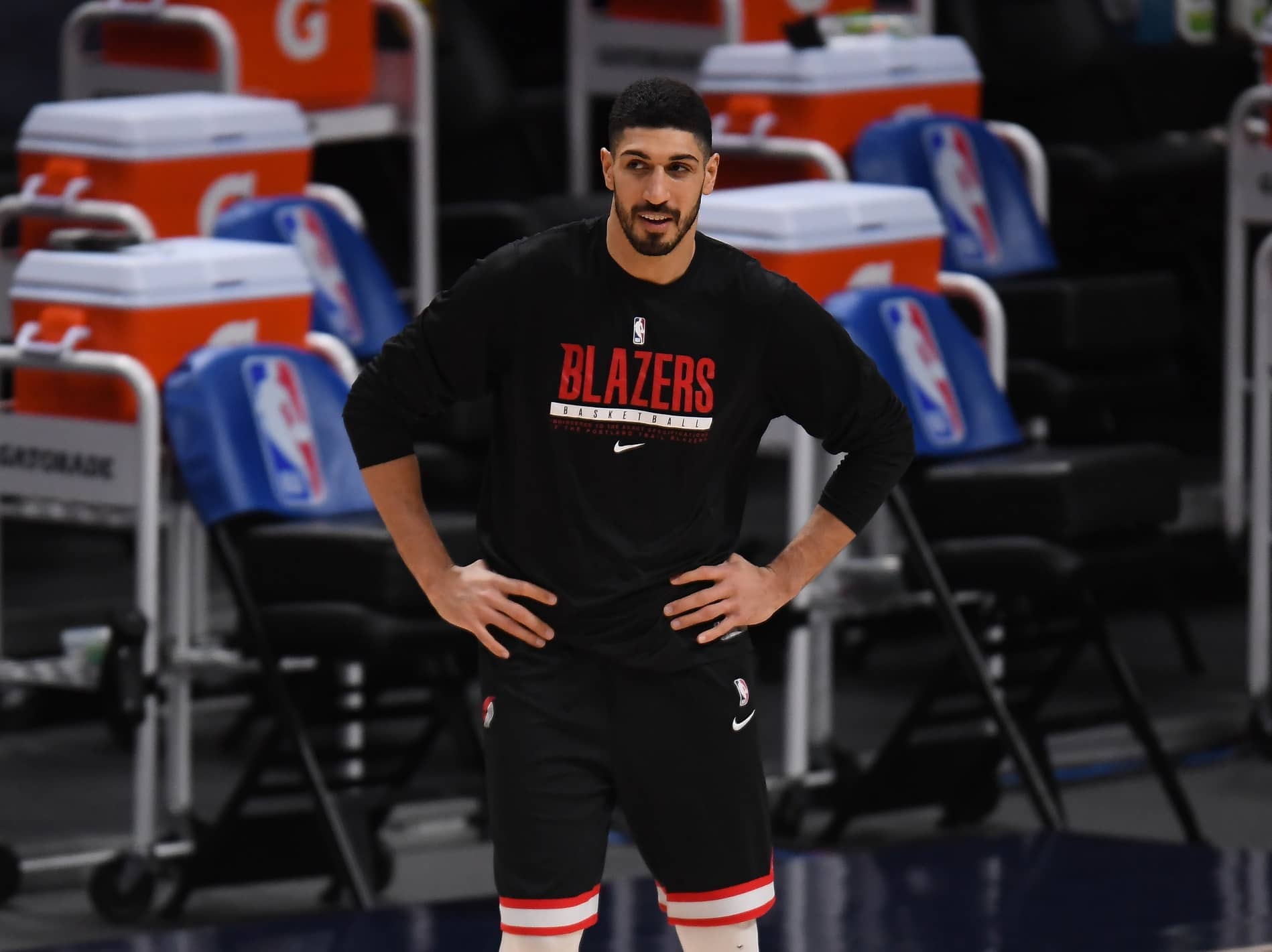 Blazers center Enes Kanter warms up before the game against the Nuggets at Ball Arena