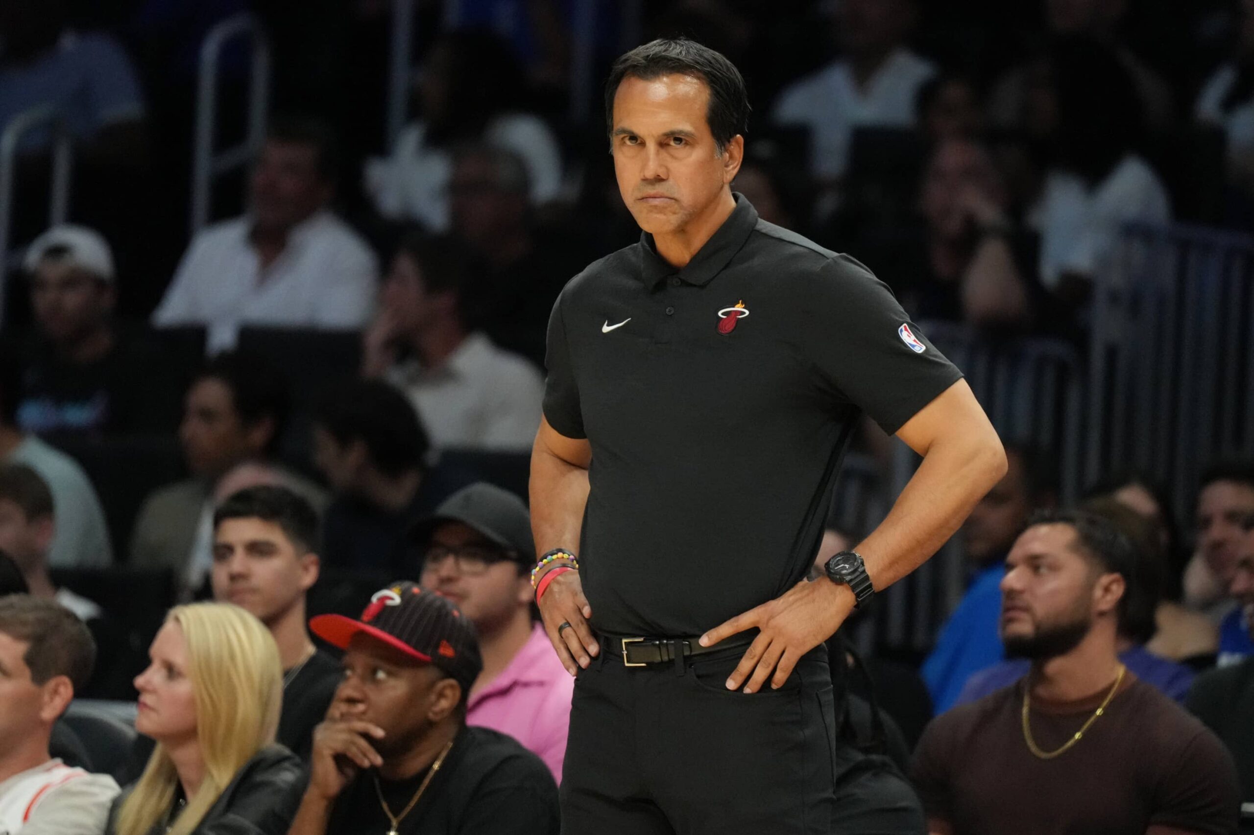 Heat head coach Erik Spoelstra watches his team against the Milwaukee Bucks during the second half at Kaseya Center