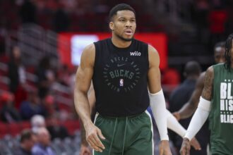 Bucks forward Giannis Antetokounmpo warms up before the game against the Rockets at Toyota Center.