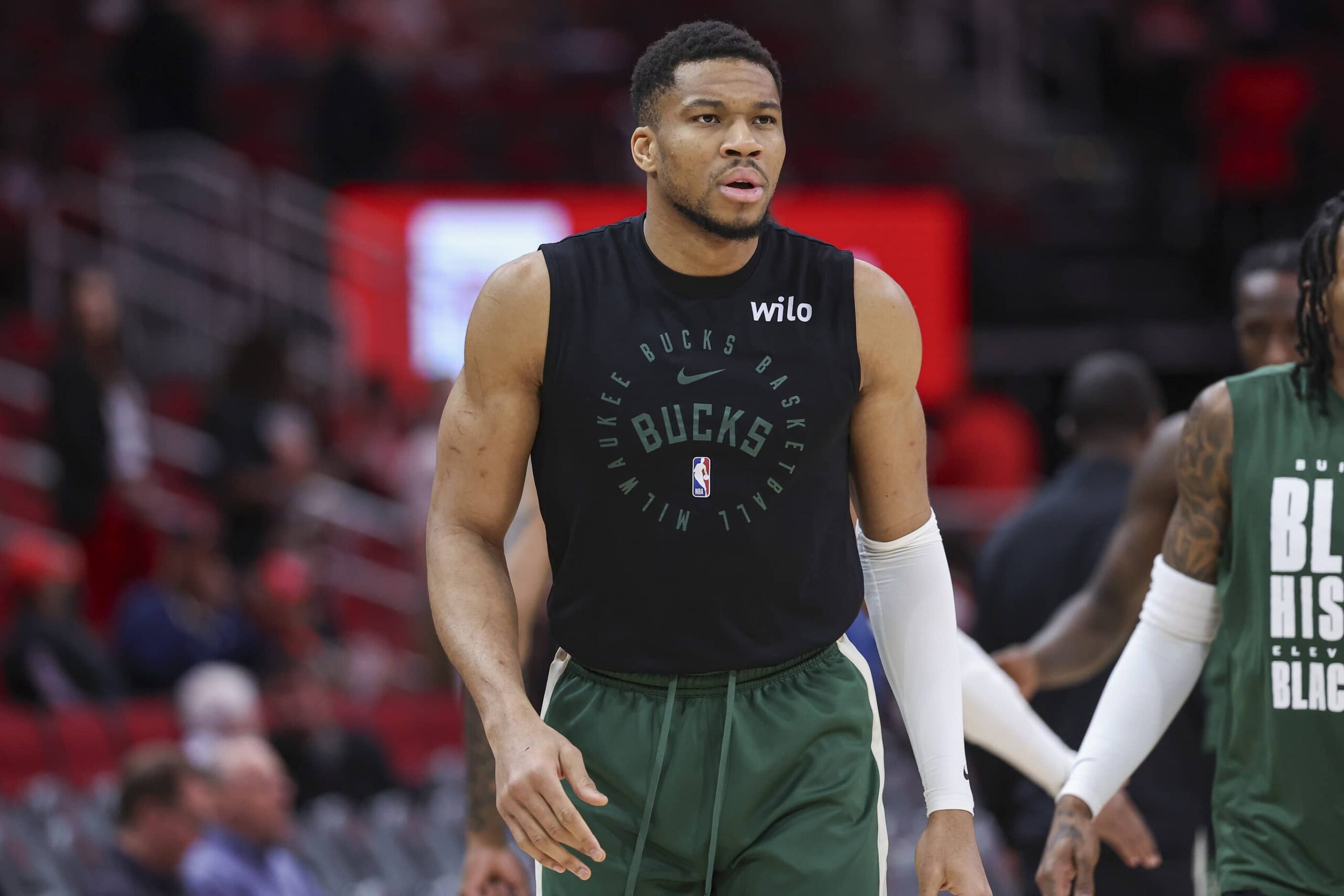 Bucks forward Giannis Antetokounmpo warms up before the game against the Rockets at Toyota Center.