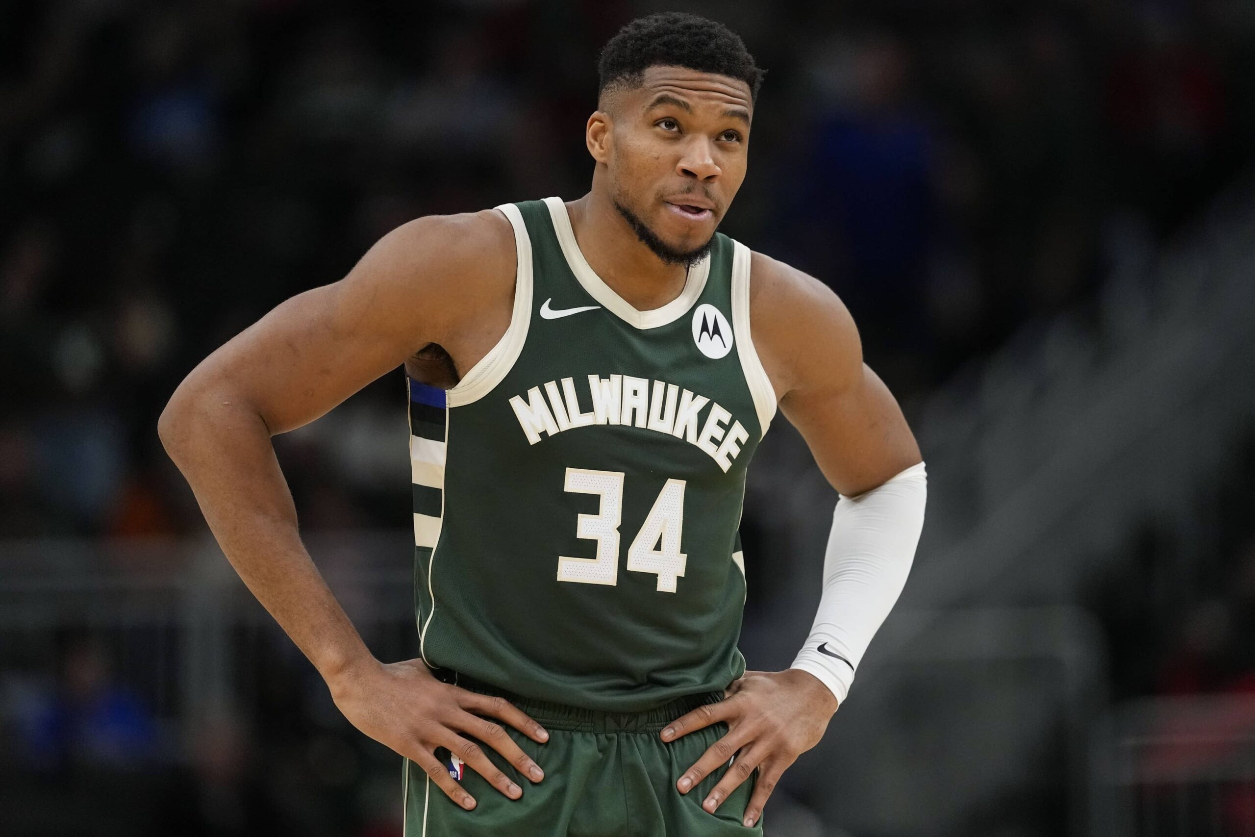 Bucks forward Giannis Antetokounmpo looks on during the second quarter against the Rockets at Fiserv Forum