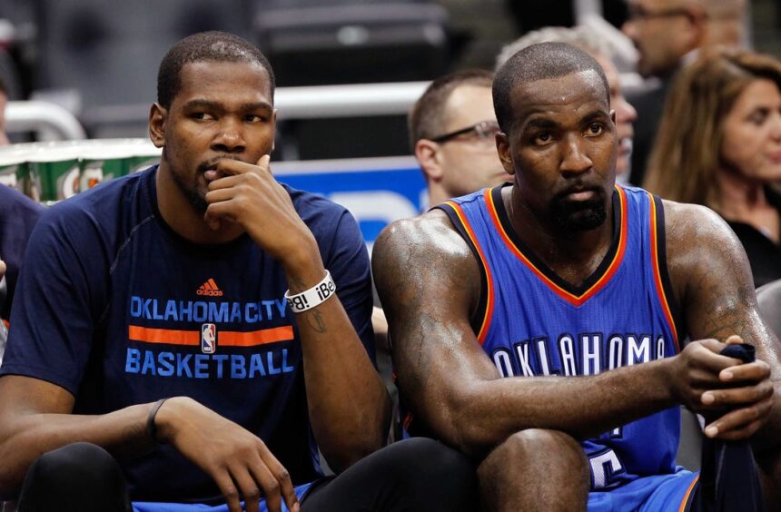 Jan 18, 2015; Orlando, FL, USA; Oklahoma City Thunder forward Kevin Durant (35) and center Kendrick Perkins (5) look on from the bench against the Orlando Magic during the second half at Amway Center. Oklahoma City Thunder defeated the Orlando Magic 127-99. Mandatory Credit: Kim Klement-Imagn Images