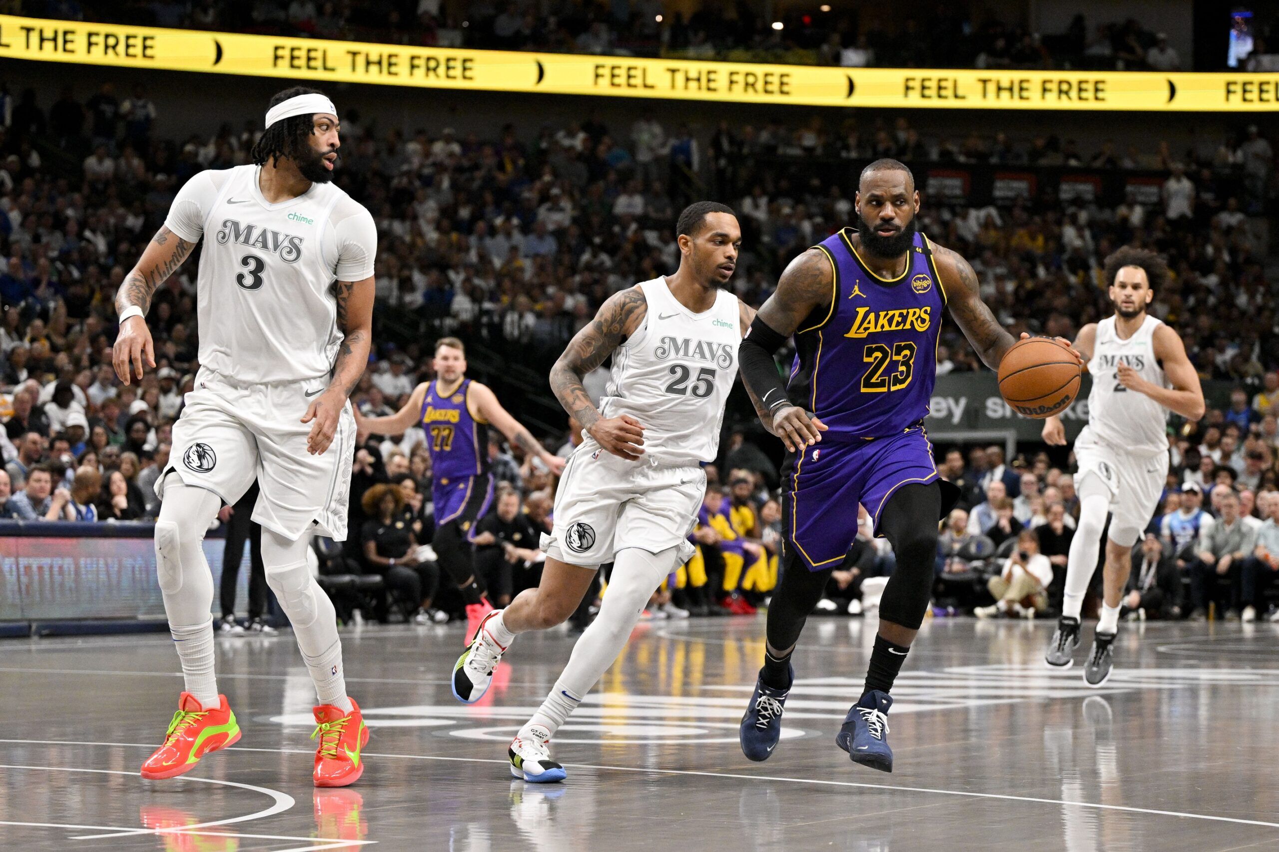 Apr 9, 2025; Dallas, Texas, USA; Dallas Mavericks forward Anthony Davis (3) and forward P.J. Washington (25) and Los Angeles Lakers forward LeBron James (23) in action during the game between the Dallas Mavericks and the Los Angeles Lakers at American Airlines Center. Mandatory Credit: Jerome Miron-Imagn Images