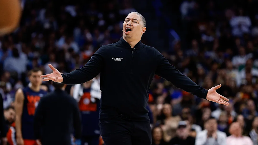 Denver, Colorado, USA; Los Angeles Clippers head coach Tyronn Lue in the third quarter against the Denver Nuggets during Game 2 of the first round of the 2025 NBA Playoffs at Ball Arena. Mandatory Credit: Isaiah J. Downing-Imagn Images