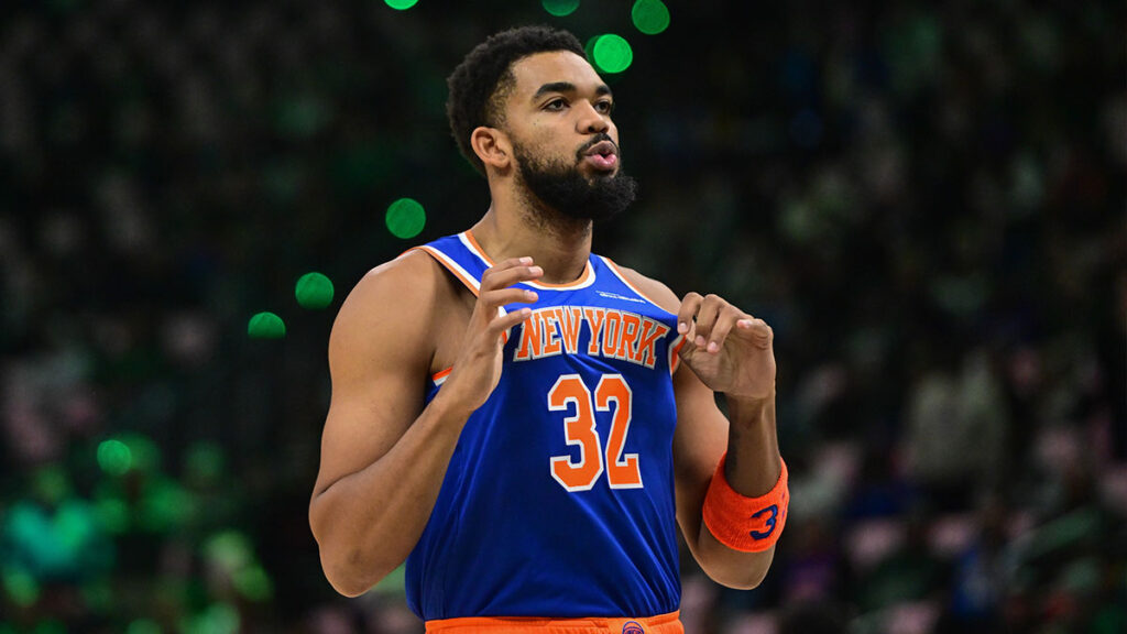 Oct 28, 2025; Milwaukee, Wisconsin, USA; New York Knicks center Karl-Anthony Towns (32) gestures before game against the Milwaukee Bucks at Fiserv Forum. Mandatory Credit: Benny Sieu-Imagn Images