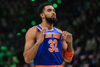 Oct 28, 2025; Milwaukee, Wisconsin, USA; New York Knicks center Karl-Anthony Towns (32) gestures before game against the Milwaukee Bucks at Fiserv Forum. Mandatory Credit: Benny Sieu-Imagn Images