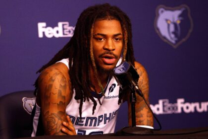 Grizzlies guard Ja Morant speaks to media during a press conference on media day at FedEx. Forum