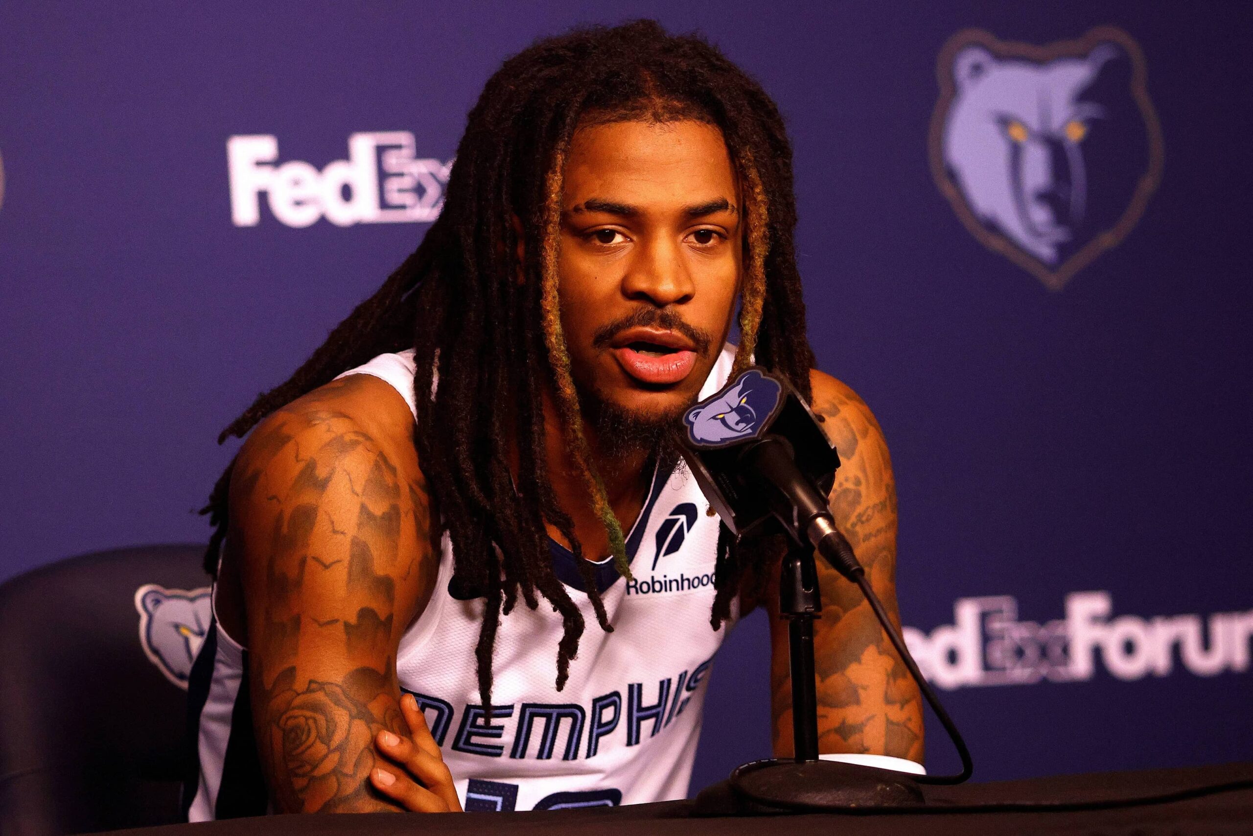 Grizzlies guard Ja Morant speaks to media during a press conference on media day at FedEx. Forum