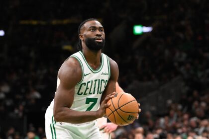 Celtics guard Jaylen Brown shoots a free throw during the second half against the Magic at TD Garden. Mandatory Credit: Eric Canha-Imagn Images