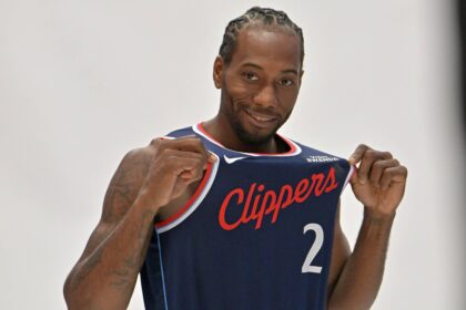 Clippers forward Kawhi Leonard poses during media day at Intuit Dome