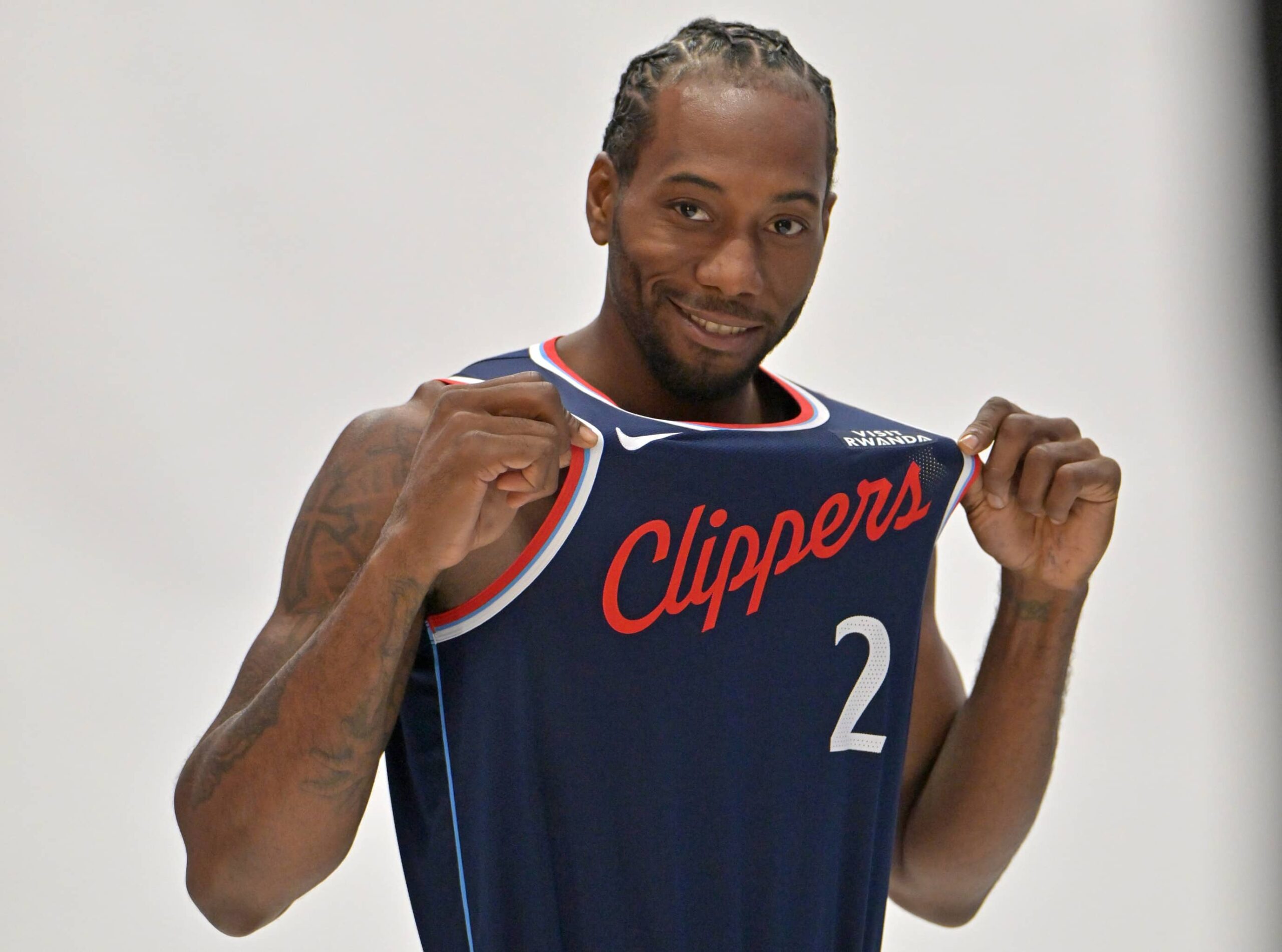 Clippers forward Kawhi Leonard poses during media day at Intuit Dome
