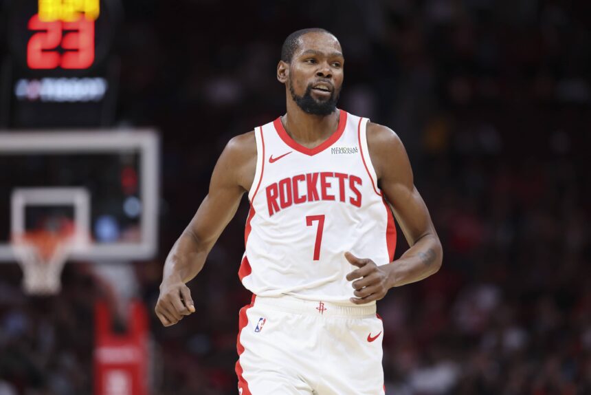 Rockets forward Kevin Durant reacts after a play during the second quarter against the Jazz at Toyota Center