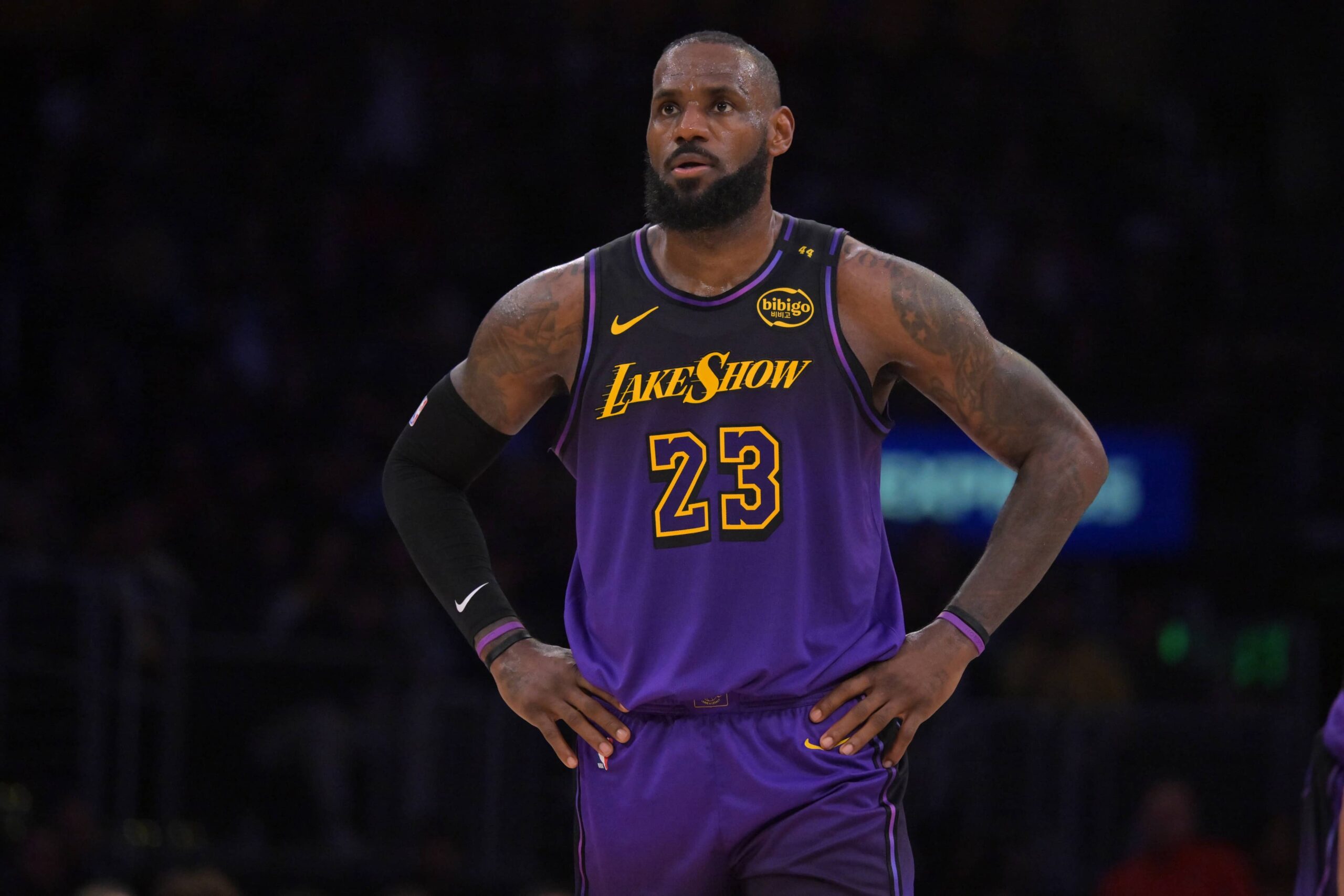 Lakers forward LeBron James looks on in the second half against the Blazers at Crypto.com Arena