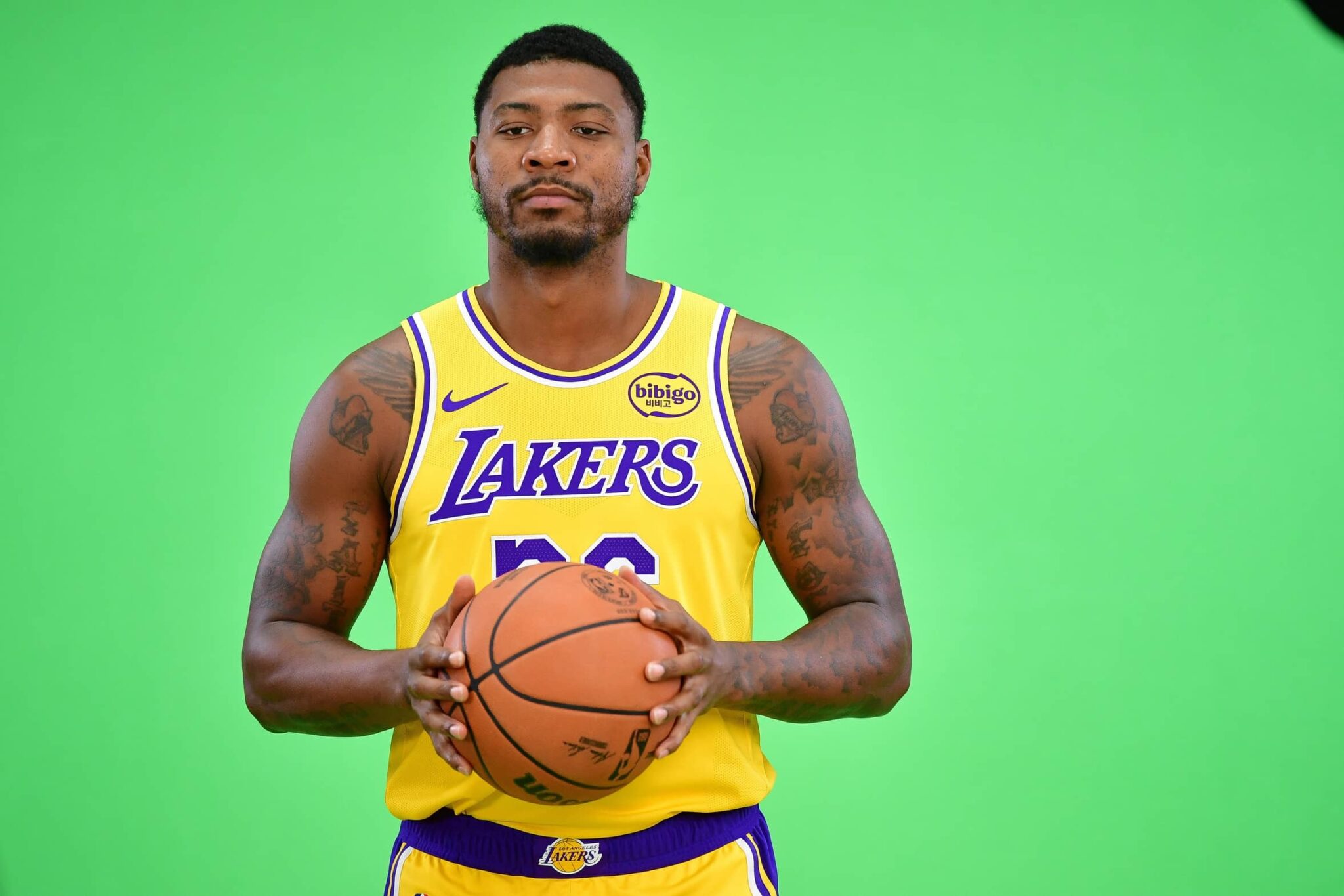 Lakers guard Marcus Smart poses for photos during media day at UCLA Health Training Center
