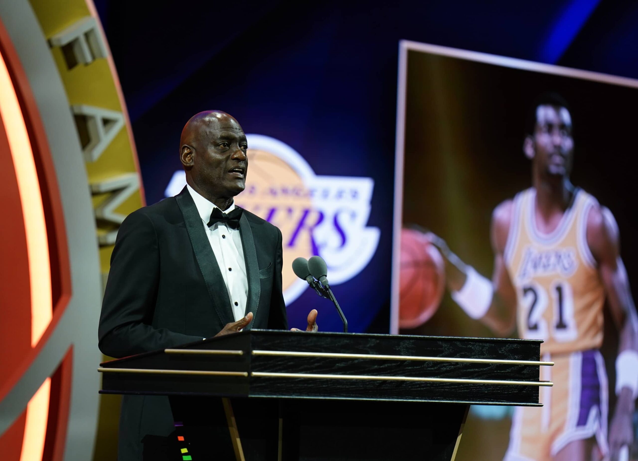 Class of 2024 inductee Michael Cooper speaks during the Naismith Memorial Basketball Hall of Fame Enshrinement at Symphony Hall Springfield.