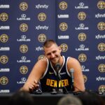 Nuggets player Nikola Jokic takes questions during media day at Ball Arena