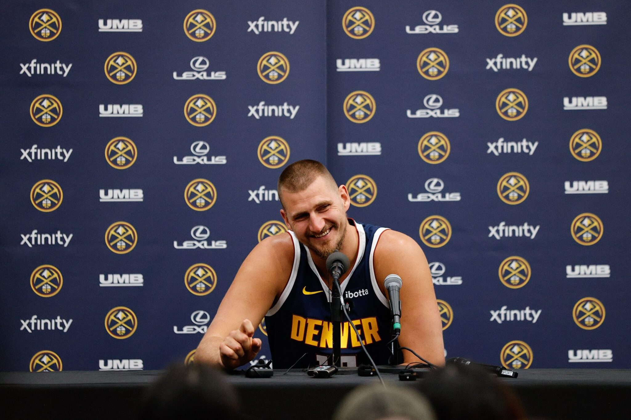 Nuggets player Nikola Jokic takes questions during media day at Ball Arena