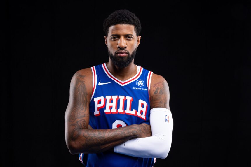 76ers Paul George poses for a photo during media day