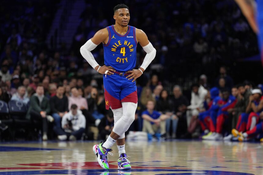Nuggets guard Russell Westbrook looks on against the 76ers in the first quarter at Wells Fargo Center