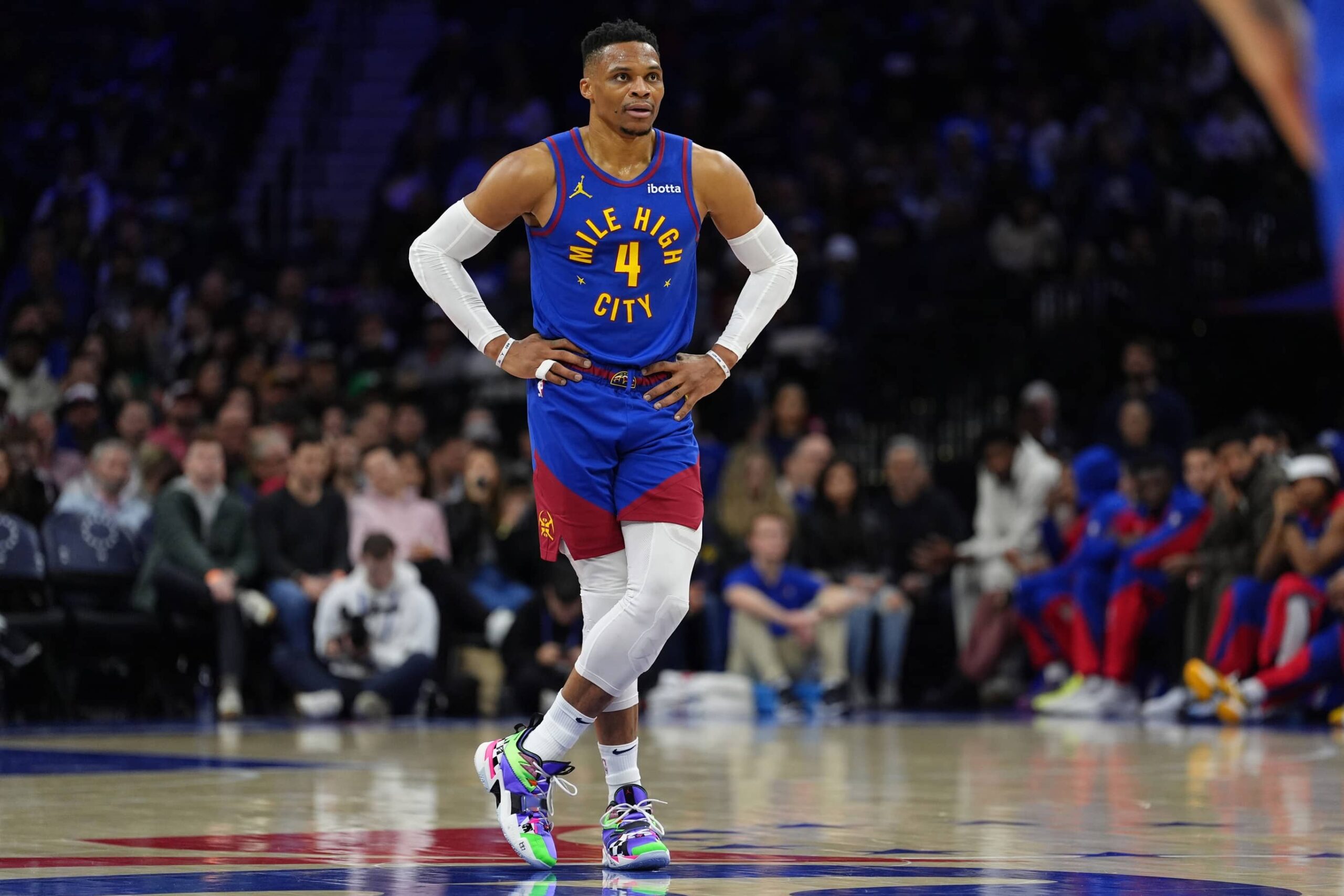 Nuggets guard Russell Westbrook looks on against the 76ers in the first quarter at Wells Fargo Center