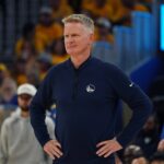 Warriors head coach Steve Kerr motions to the team in the second quarter during game three against the Timberwolves in the second round for the 2025 NBA Playoffs at Chase Center