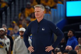 Warriors head coach Steve Kerr motions to the team in the second quarter during game three against the Timberwolves in the second round for the 2025 NBA Playoffs at Chase Center