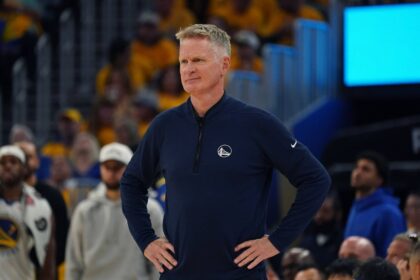 Warriors head coach Steve Kerr motions to the team in the second quarter during game three against the Timberwolves in the second round for the 2025 NBA Playoffs at Chase Center