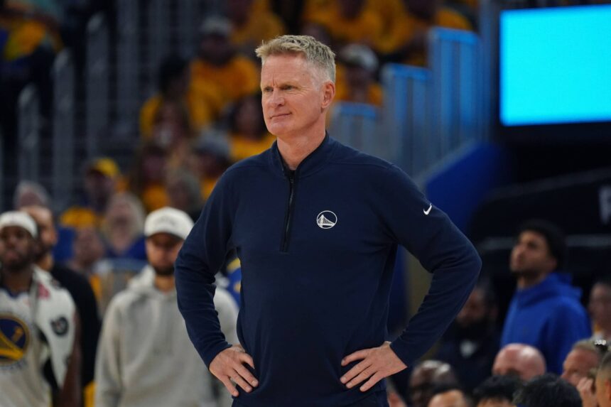 Warriors head coach Steve Kerr motions to the team in the second quarter during game three against the Timberwolves in the second round for the 2025 NBA Playoffs at Chase Center