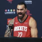 Rockets center Steven Adams talks with media during Houston Rockets media day at Toyota Center