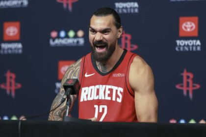 Rockets center Steven Adams talks with media during Houston Rockets media day at Toyota Center