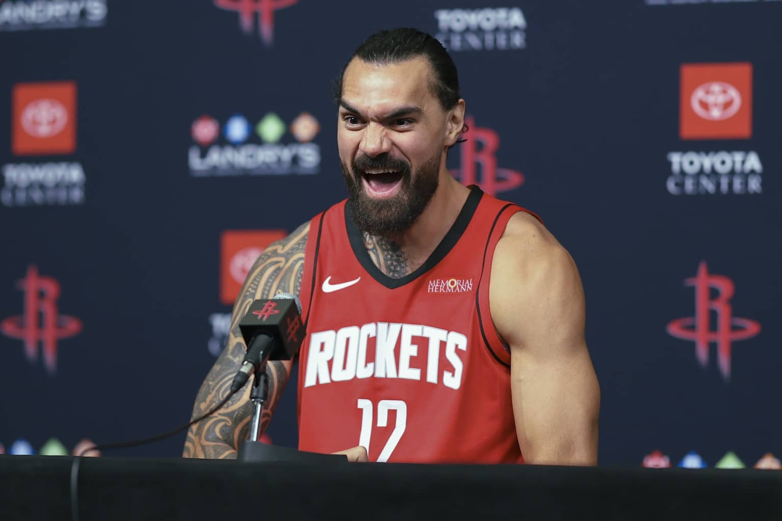 Rockets center Steven Adams talks with media during Houston Rockets media day at Toyota Center