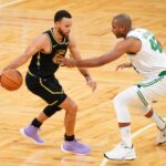 Jun 10, 2022; Boston, Massachusetts, USA; Boston Celtics center Al Horford (42) defends Golden State Warriors guard Stephen Curry (30) during the fourth quarter of game four in the 2022 NBA Finals at the TD Garden. Mandatory Credit: David Butler II-Imagn Images