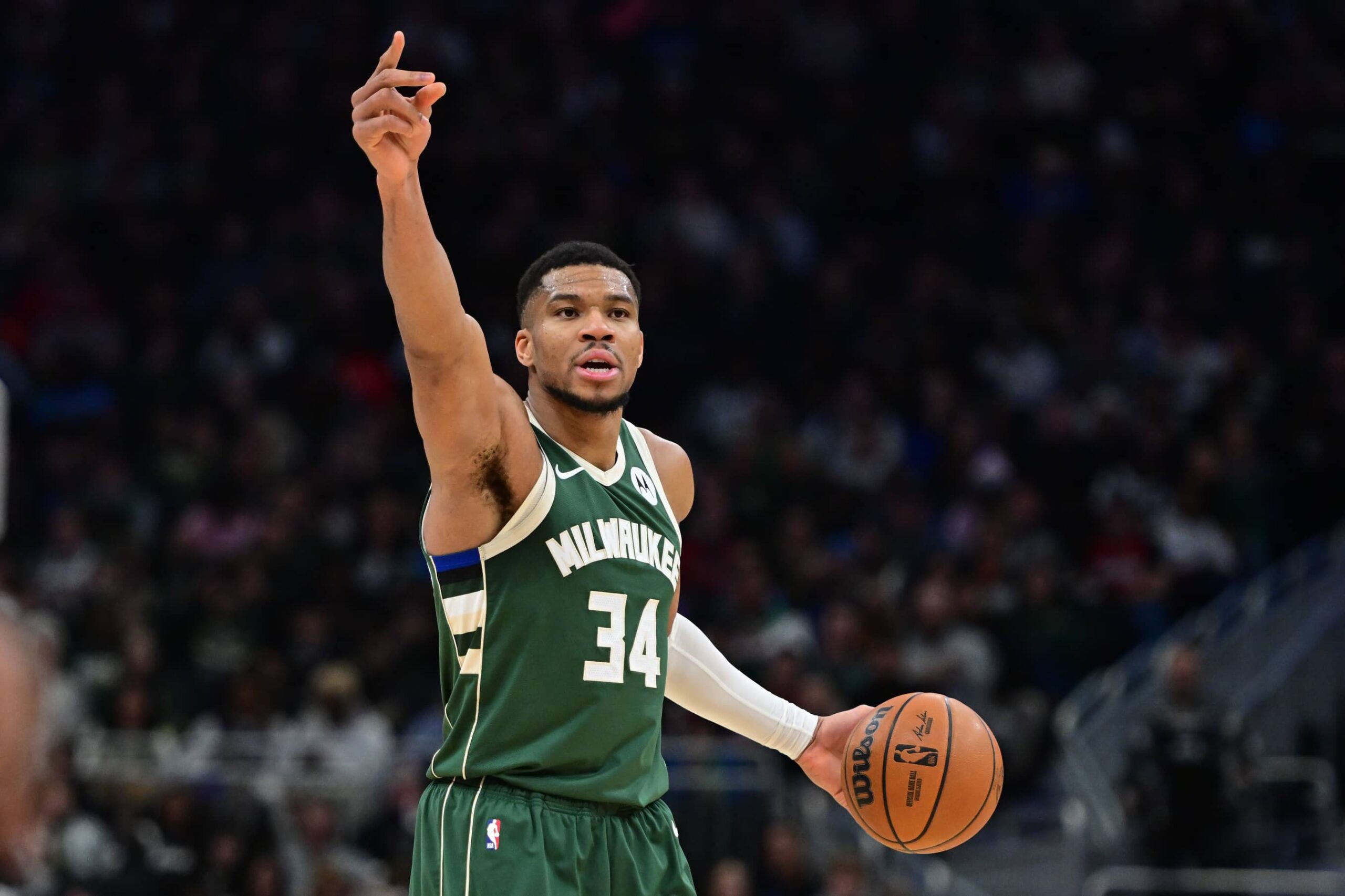 Jan 23, 2025; Milwaukee, Wisconsin, USA; Milwaukee Bucks forward Giannis Antetokounmpo (34) reacts in the third quarter against the Miami Heat at Fiserv Forum. Mandatory Credit: Benny Sieu-Imagn Images