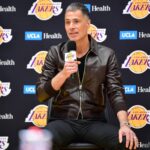 Feb 4, 2025; El Segundo, CA, USA; Los Angeles Lakers vice president of basketball operations and general manager Rob Pelinka speaks before introducing Luka Doncic at UCLA Health Training Center. Mandatory Credit: Gary A. Vasquez-Imagn Images