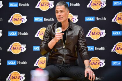Feb 4, 2025; El Segundo, CA, USA; Los Angeles Lakers vice president of basketball operations and general manager Rob Pelinka speaks before introducing Luka Doncic at UCLA Health Training Center. Mandatory Credit: Gary A. Vasquez-Imagn Images