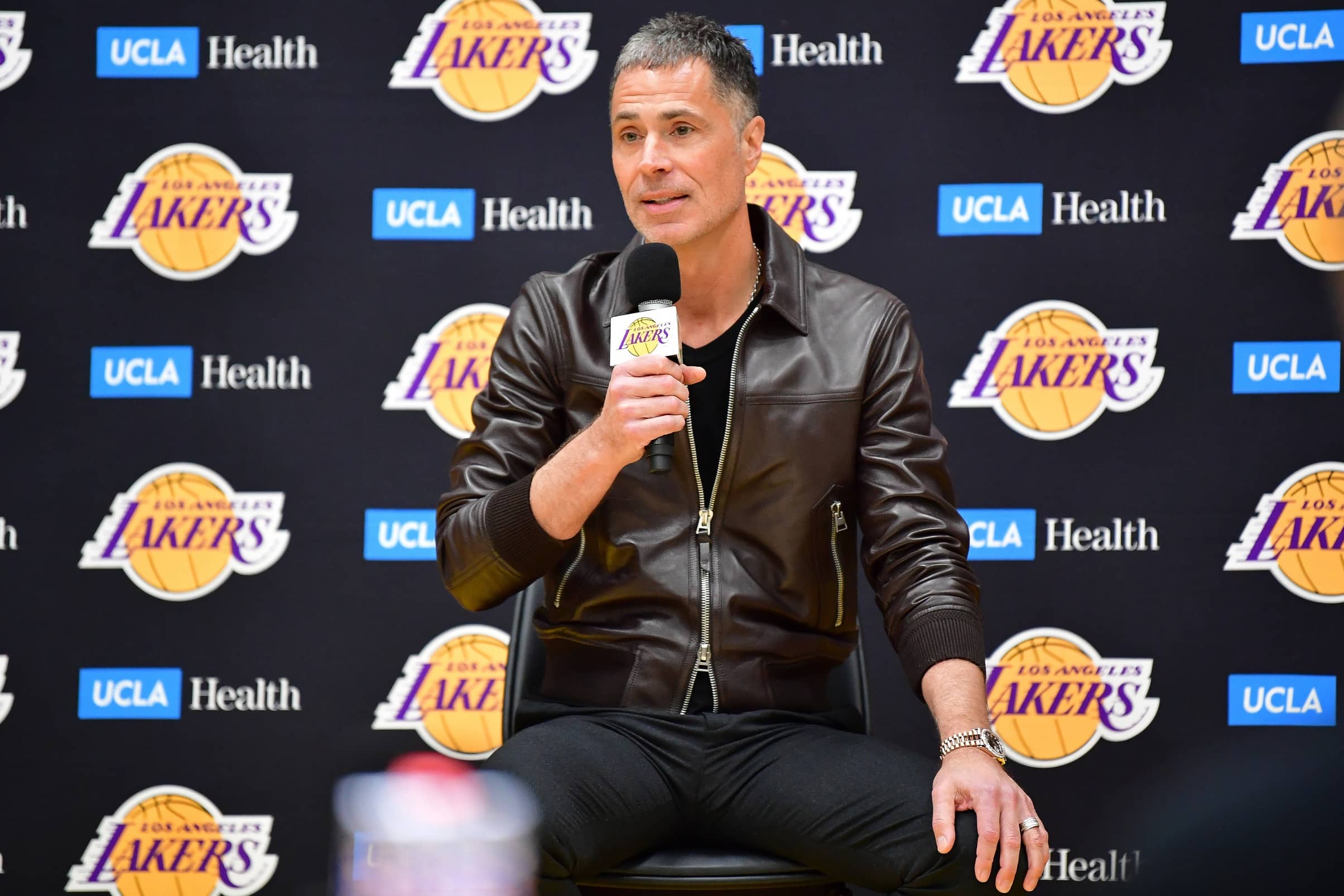 El Segundo, CA, USA; Los Angeles Lakers vice president of basketball operations and general manager Rob Pelinka speaks before introducing Luka Doncic at UCLA Health Training Center. Mandatory Credit: Gary A. Vasquez-Imagn Images