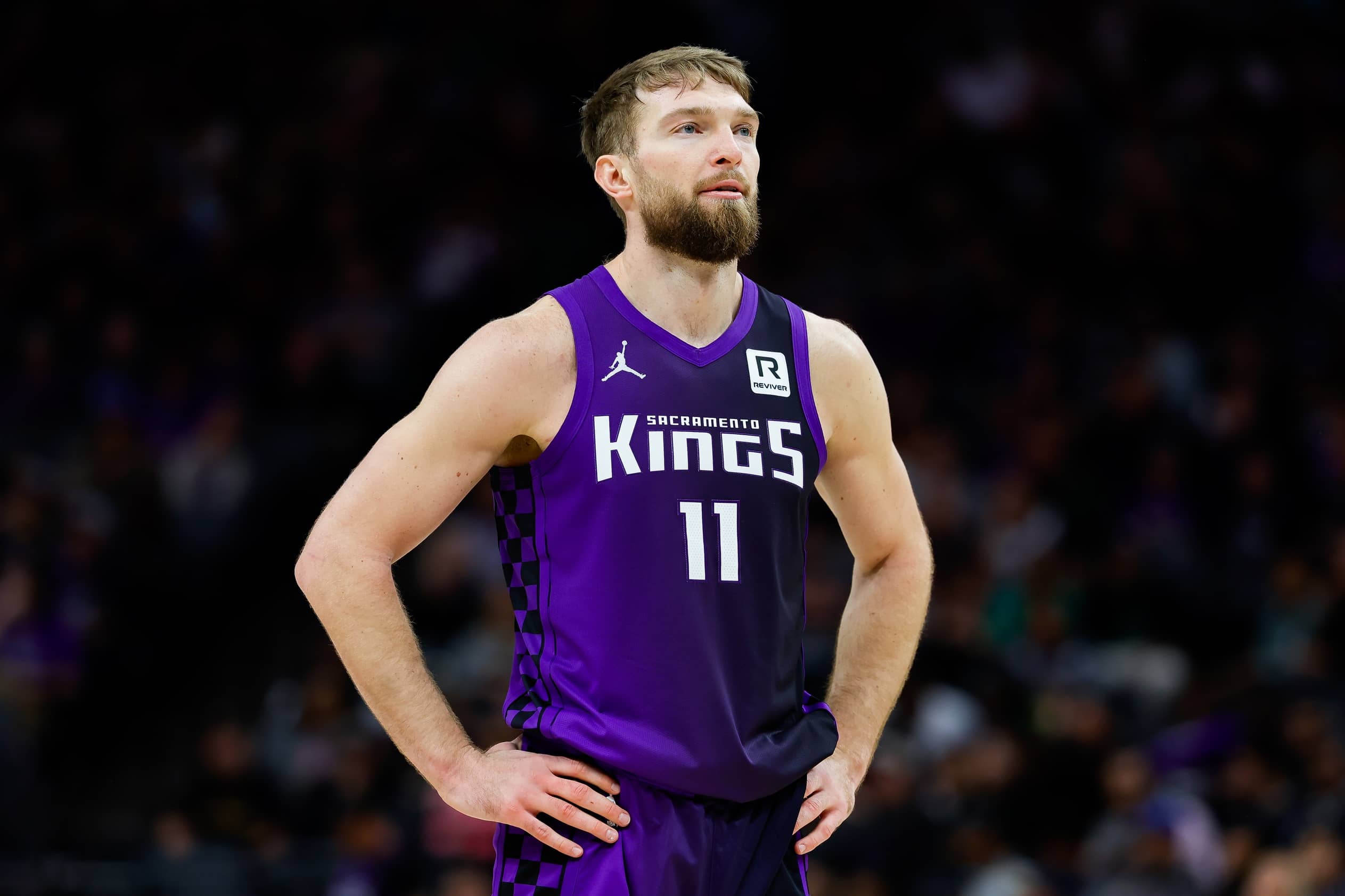 Feb 5, 2025; Sacramento, California, USA; Sacramento Kings forward Domantas Sabonis (11) looks on during the third quarter against the Orlando Magic at Golden 1 Center. Mandatory Credit: Sergio Estrada-Imagn Images
