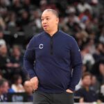 Feb 12, 2025; Inglewood, California, USA; LA Clippers head coach Tyronn Lue reacts against the Memphis Grizzlies in the second half at Intuit Dome. Mandatory Credit: Kirby Lee-Imagn Images