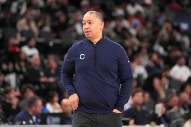 Feb 12, 2025; Inglewood, California, USA; LA Clippers head coach Tyronn Lue reacts against the Memphis Grizzlies in the second half at Intuit Dome. Mandatory Credit: Kirby Lee-Imagn Images