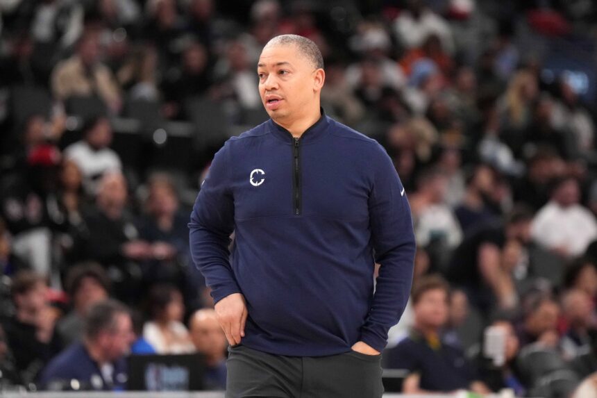 Feb 12, 2025; Inglewood, California, USA; LA Clippers head coach Tyronn Lue reacts against the Memphis Grizzlies in the second half at Intuit Dome. Mandatory Credit: Kirby Lee-Imagn Images