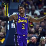 Feb 22, 2025; Denver, Colorado, USA; Los Angeles Lakers forward Jarred Vanderbilt (2) reacts after being called for a foul during the second half against the Denver Nuggets at Ball Arena. Mandatory Credit: Christopher Hanewinckel-Imagn Images