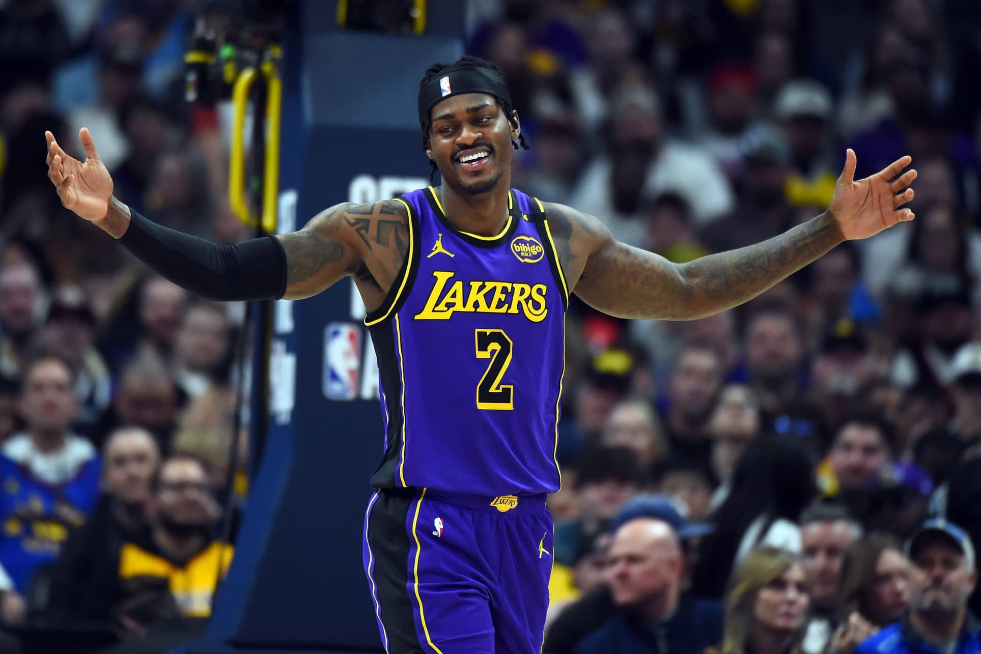Feb 22, 2025; Denver, Colorado, USA; Los Angeles Lakers forward Jarred Vanderbilt (2) reacts after being called for a foul during the second half against the Denver Nuggets at Ball Arena. Mandatory Credit: Christopher Hanewinckel-Imagn Images