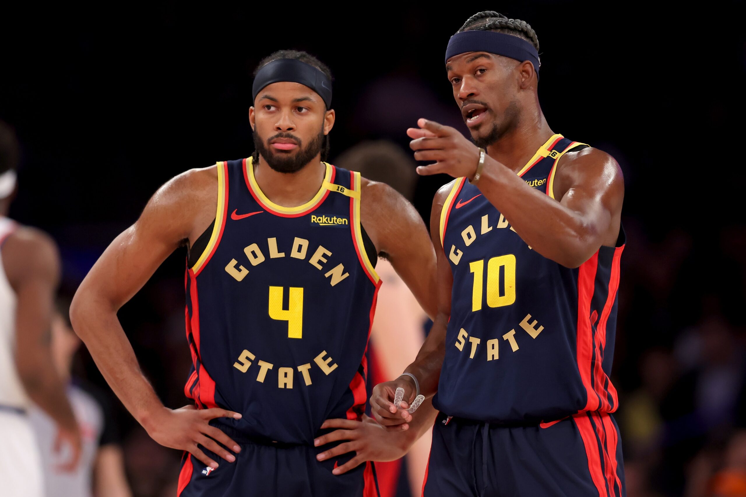 Mar 4, 2025; New York, New York, USA; Golden State Warriors forward Jimmy Butler III (10) talks to guard Moses Moody (4) during the second quarter against the New York Knicks at Madison Square Garden. Mandatory Credit: Brad Penner-Imagn Images