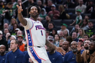 Mar 6, 2025; Boston, Massachusetts, USA; Philadelphia 76ers center Andre Drummond (1) reacts after his three point basket against the Boston Celtics in the second quarter at TD Garden. Mandatory Credit: David Butler II-Imagn Images