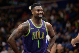 Mar 17, 2025; New Orleans, Louisiana, USA; New Orleans Pelicans forward Zion Williamson (1) reacts during the first half against the Detroit Pistons at Smoothie King Center. Mandatory Credit: Matthew Hinton-Imagn Images