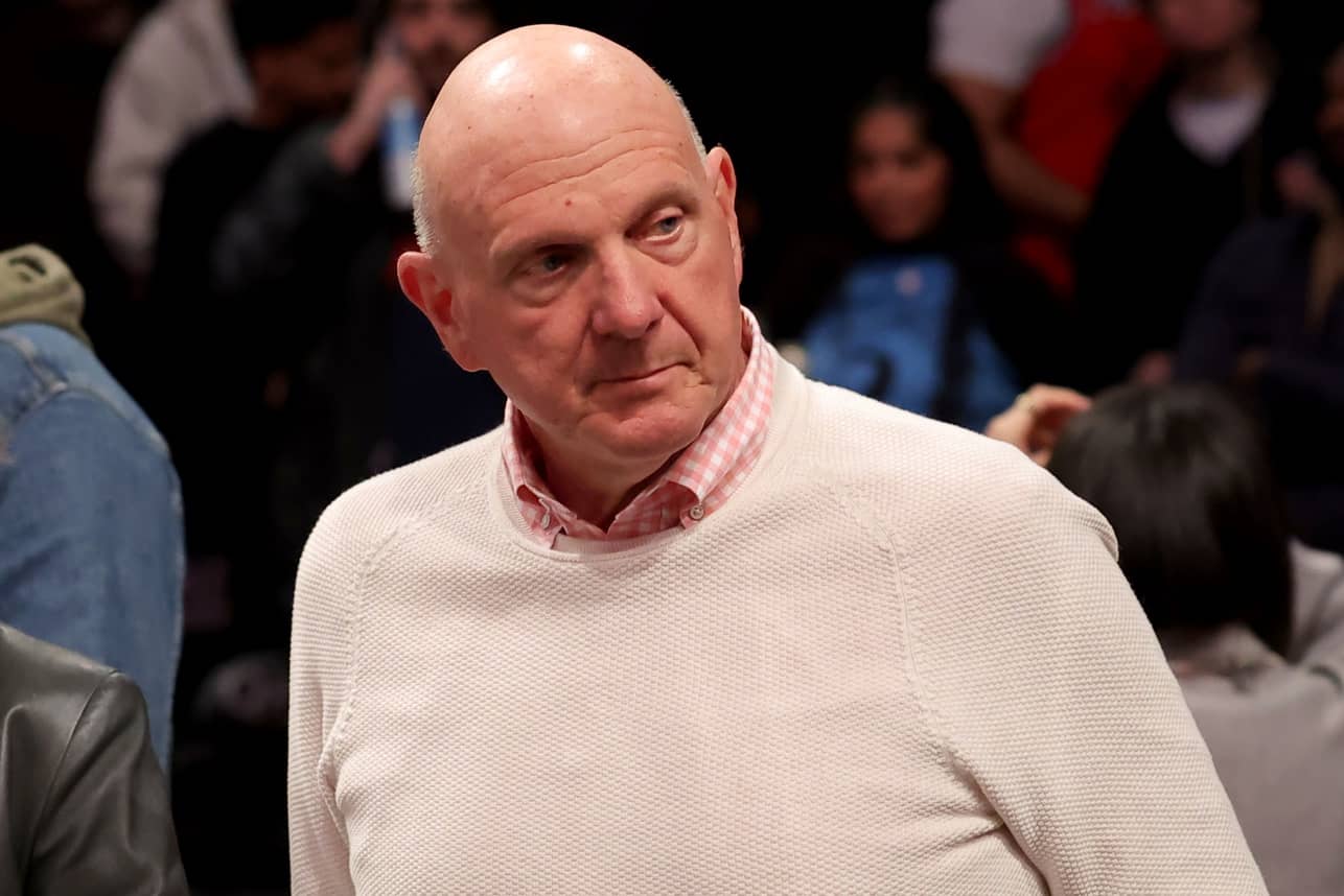 Mar 28, 2025; Brooklyn, New York, USA; Los Angeles Clippers owner Steve Ballmer leaves his court side seat after a game against the Brooklyn Nets at Barclays Center. Mandatory Credit: Brad Penner-Imagn Images