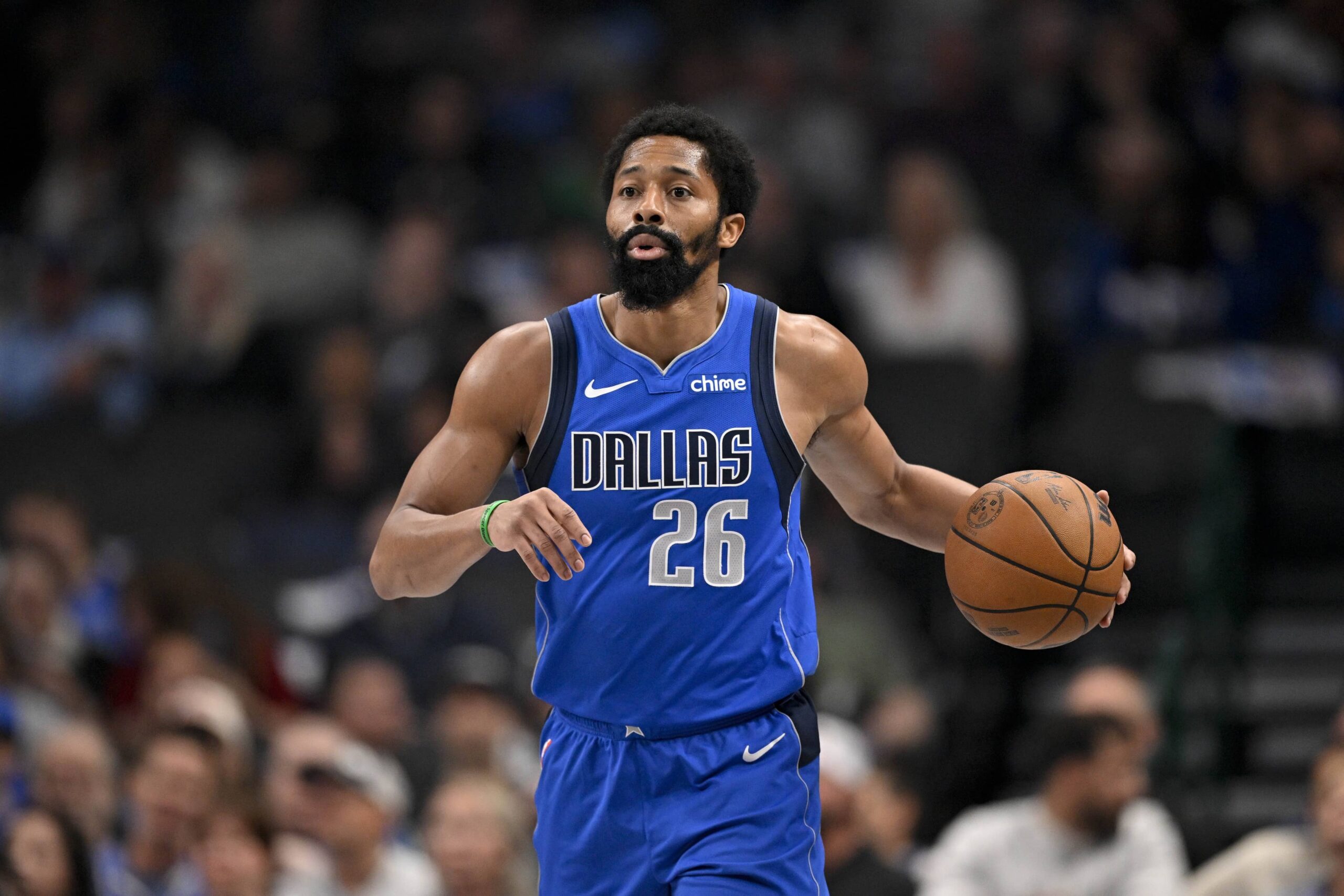 Mar 31, 2025; Dallas, Texas, USA; Dallas Mavericks guard Spencer Dinwiddie (26) in action during the game between the Dallas Mavericks and the Brooklyn Nets at the American Airlines Center. Mandatory Credit: Jerome Miron-Imagn Images