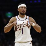 Apr 4, 2025; Boston, Massachusetts, USA; Phoenix Suns guard Devin Booker (1) during the second quarter against the Boston Celtics at TD Garden. Mandatory Credit: Winslow Townson-Imagn Images