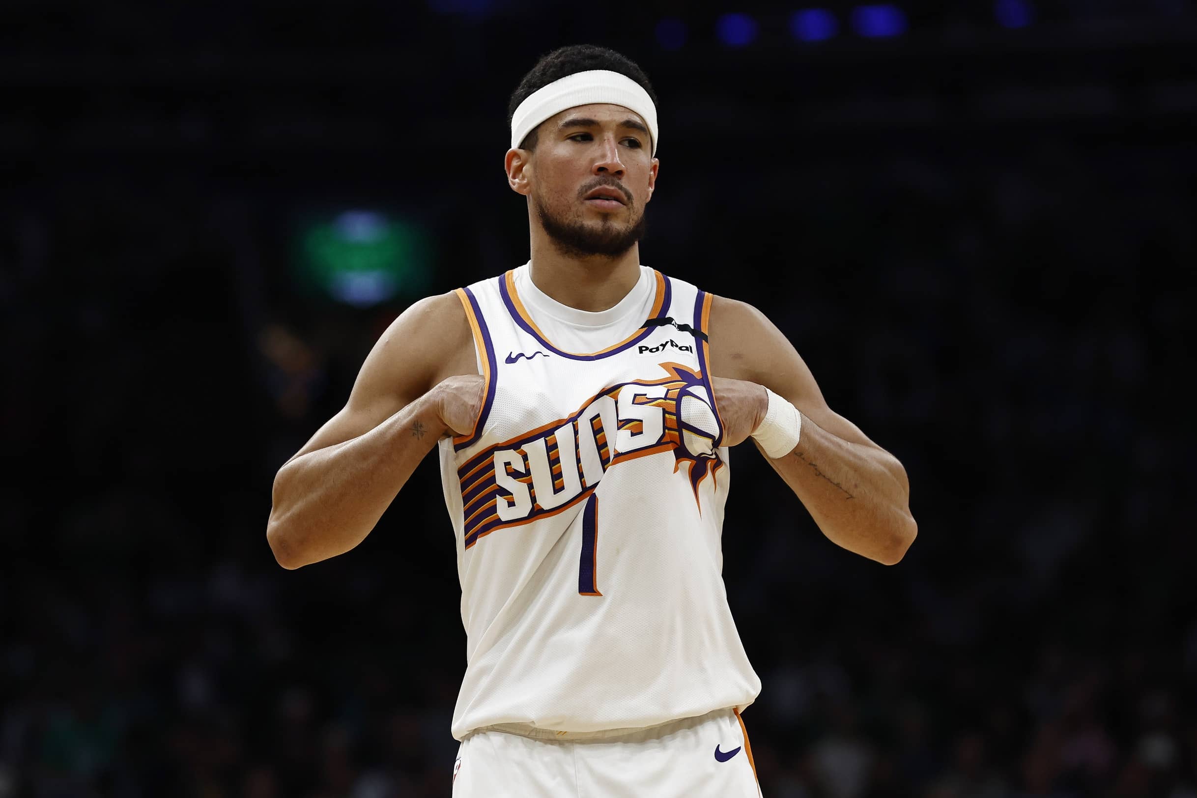 Apr 4, 2025; Boston, Massachusetts, USA; Phoenix Suns guard Devin Booker (1) during the second quarter against the Boston Celtics at TD Garden. Mandatory Credit: Winslow Townson-Imagn Images